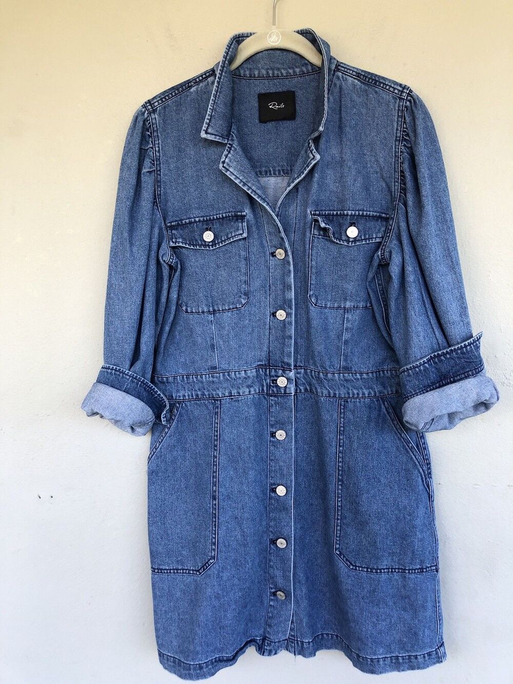 Rails Elaine Denim Mini Shirt Dress L Button Down Long Slv Coastal Cowgirl Boho